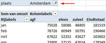 Draaitabelrapport met de gegevens gefilterd op de plaats Amsterdam. Dat de gegevens gefilterd zijn is te zien aan het symbool filter.